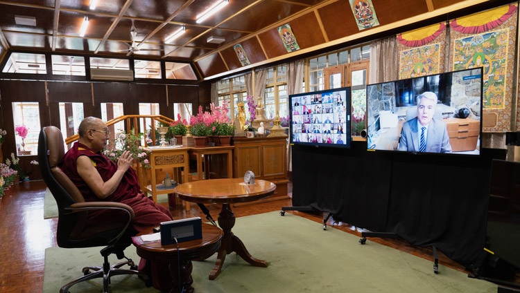 President of Emory University, Gregory Fenves, thanking His Holiness the Dalai Lama for taking part in the dialogue on The Necessity of Compassion for the Survival of Humanity from his residence in Dharamsala, HP, India on December 9, 2020. Photo by Ven Tenzin Jamphel President of Emory University, Gregory Fenves, thanking His Holiness the Dalai Lama for taking part in the dialogue on The Necessity of Compassion for the Survival of Humanity from his residence in Dharamsala, HP, India on December 9, 2020. Photo by Ven Tenzin Jamphel