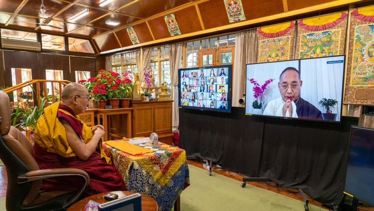 His Holiness the Dalai watching as Representative Ngodup Tsering introduces the teachings requested by the Tibetan community in North America from his residence in Dharamsala, HP, India on December 27, 2020. Photo by Ven Tenzin Jamphel His Holiness the Dalai watching as Representative Ngodup Tsering introduces the teachings requested by the Tibetan community in North America from his residence in Dharamsala, HP, India on December 27, 2020. Photo by Ven Tenzin Jamphel