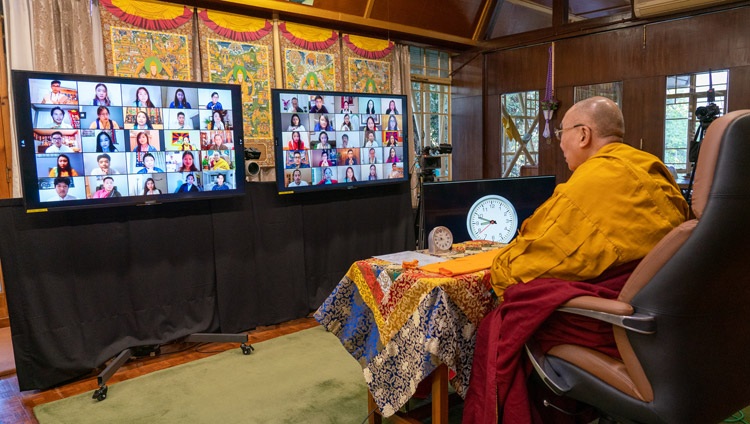 His Holiness the Dalai Lama speaking to the virtual audience during his teachings requested by the Tibetan community in North America from his residence in Dharamsala, HP, India on December 27, 2020. Photo by Ven Tenzin Jamphel His Holiness the Dalai Lama speaking to the virtual audience during his teachings requested by the Tibetan community in North America from his residence in Dharamsala, HP, India on December 27, 2020. Photo by Ven Tenzin Jamphel