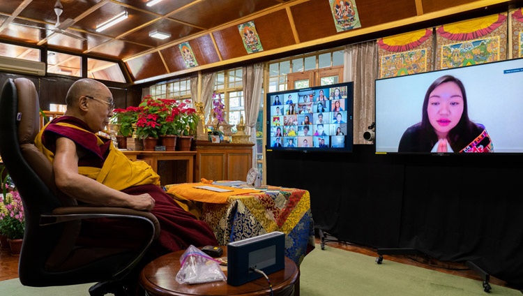 A member of the virtual audience asking His Holiness the Dalai Lama a question during teachings requested by the Tibetan community in North America from his residence in Dharamsala, HP, India on December 27, 2020. Photo by Ven Tenzin Jamphel A member of the virtual audience asking His Holiness the Dalai Lama a question during teachings requested by the Tibetan community in North America from his residence in Dharamsala, HP, India on December 27, 2020. Photo by Ven Tenzin Jamphel