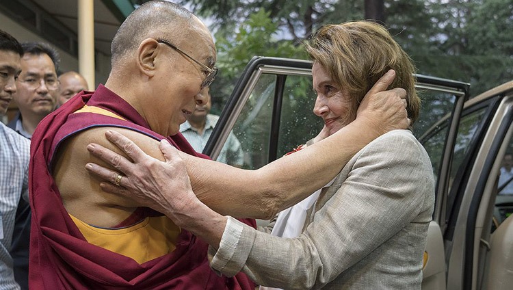 His Holiness the Dalai Lama greeting his friend then House Democratic Leader Nancy Pelosi as she arrives at his residence leading a bipartisan US Congressional Delegation on a visit to the Tibetan community in Dharamsala HP, India on May 9, 2017. Photo by Tenzin Choejor His Holiness the Dalai Lama greeting his friend then House Democratic Leader Nancy Pelosi as she arrives at his residence leading a bipartisan US Congressional Delegation on a visit to the Tibetan community in Dharamsala HP, India on May 9, 2017. Photo by Tenzin Choejor
