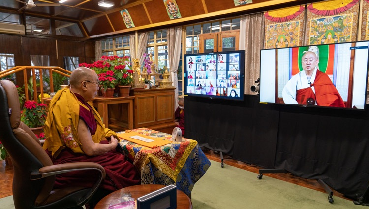 Abbot Ven. JinOk reciting the Heart Sutra in Korean at the start of the first day of His Holiness the Dalai Lama's teachings from his residence in Dharamsala, HP, India on January 5, 2021. Photo by Ven Tenzin Jamphel Abbot Ven. JinOk reciting the Heart Sutra in Korean at the start of the first day of His Holiness the Dalai Lama's teachings from his residence in Dharamsala, HP, India on January 5, 2021. Photo by Ven Tenzin Jamphel