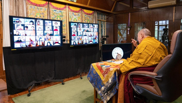 His Holiness the Dalai Lama addressing the virtual audience on the first day of his teachings requested by Korean Buddhists from his residence in Dharamsala, HP, India on January 5, 2021. Photo by Ven Tenzin Jamphel His Holiness the Dalai Lama addressing the virtual audience on the first day of his teachings requested by Korean Buddhists from his residence in Dharamsala, HP, India on January 5, 2021. Photo by Ven Tenzin Jamphel
