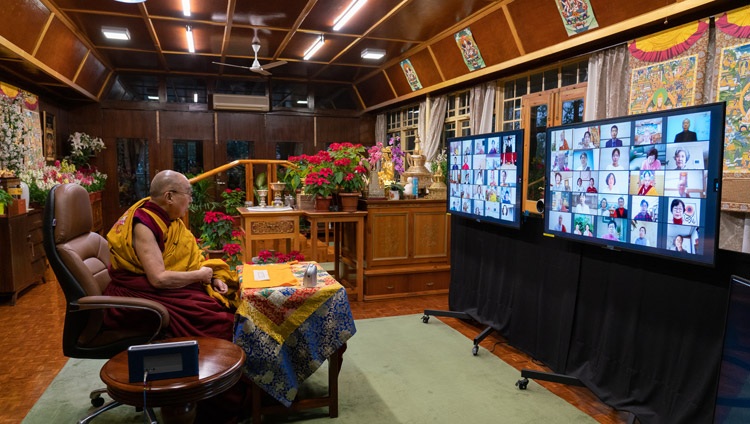 His Holiness the Dalai Lama addressing the virtual audience on the second day of his teachings requested by Korean Buddhists from his residence in Dharamsala, HP, India on January 6, 2021. Photo by Ven Tenzin Jamphel His Holiness the Dalai Lama addressing the virtual audience on the second day of his teachings requested by Korean Buddhists from his residence in Dharamsala, HP, India on January 6, 2021. Photo by Ven Tenzin Jamphel