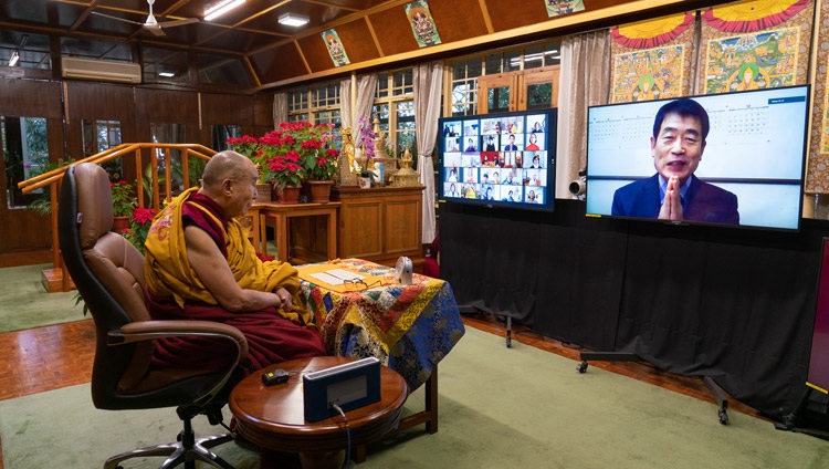 A member of the virtual audience asking His Holiness the Dalai Lama a question during the second day of teachings requested by Korean Buddhists from his residence in Dharamsala, HP, India on January 6, 2021. Photo by Ven Tenzin Jamphel A member of the virtual audience asking His Holiness the Dalai Lama a question during the second day of teachings requested by Korean Buddhists from his residence in Dharamsala, HP, India on January 6, 2021. Photo by Ven Tenzin Jamphel