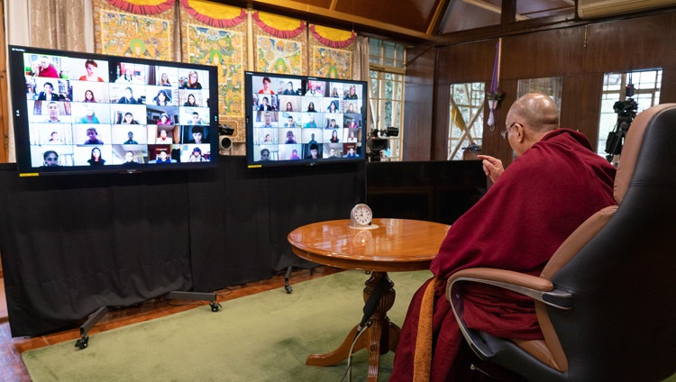 HIs Holiness the Dalai Lama speaking on Well-being and Resilience during his online conversation with students from the British School in New Delhi from his residence in Dharamsala, HP, India on January 22, 2021. Photo by Ven Tenzin Jamphel HIs Holiness the Dalai Lama speaking on Well-being and Resilience during his online conversation with students from the British School in New Delhi from his residence in Dharamsala, HP, India on January 22, 2021. Photo by Ven Tenzin Jamphel