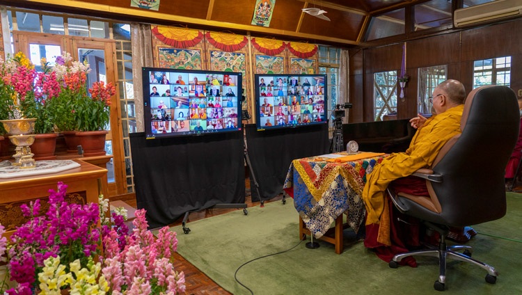 His Holiness the Dalai Lama addressing the virtual audience during his teaching requested by Lama Zopa Rinpoche from his residence in Dharamsala, HP, India on February 8, 2021. Photo by Ven Tenzin Jamphel His Holiness the Dalai Lama addressing the virtual audience during his teaching requested by Lama Zopa Rinpoche from his residence in Dharamsala, HP, India on February 8, 2021. Photo by Ven Tenzin Jamphel