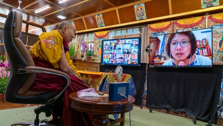 A member of the virtual audience asking His Holiness the Dalai Lama a question during his online teaching from his residence in Dharamsala, HP, India on February 8, 2021. Photo by Ven Tenzin Jamphel A member of the virtual audience asking His Holiness the Dalai Lama a question during his online teaching from his residence in Dharamsala, HP, India on February 8, 2021. Photo by Ven Tenzin Jamphel