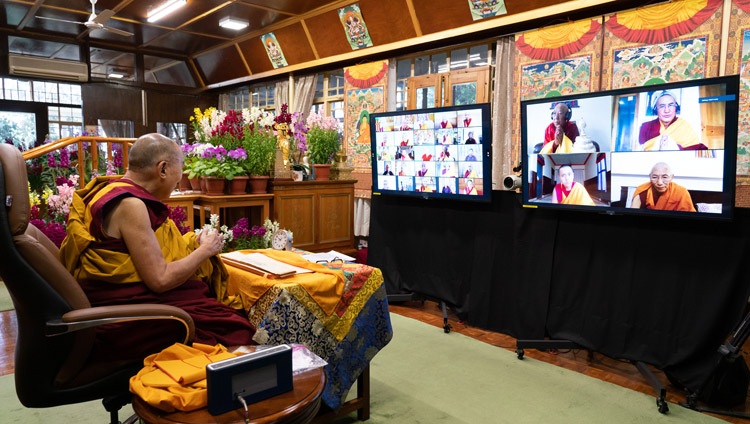 His Holiness the Dalai Lama addressing the virtual audience during his teachings on the full-moon day of the Great Prayer Festival online from his residence in Dharamsala, HP, India on February 27, 2021. Photo by Ven Tenzin Jamphel His Holiness the Dalai Lama addressing the virtual audience during his teachings on the full-moon day of the Great Prayer Festival online from his residence in Dharamsala, HP, India on February 27, 2021. Photo by Ven Tenzin Jamphel