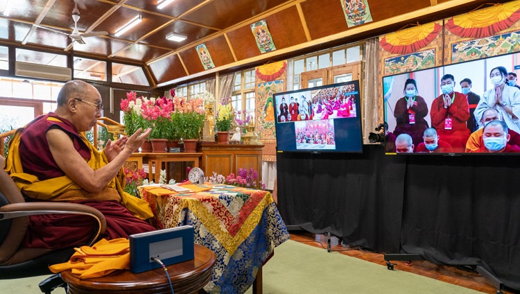 His Holiness the Dalai Lama answering questions from the virtual audience in Mongolia on the final day of online teachings from his residence in Dharamsala, HP, India on March 13, 2021. Photo by Ven Tenzin Jamphel His Holiness the Dalai Lama answering questions from the virtual audience in Mongolia on the final day of online teachings from his residence in Dharamsala, HP, India on March 13, 2021. Photo by Ven Tenzin Jamphel