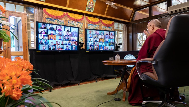 Members of organizations from the Baltic States listening to His Holiness the Dalai Lama speaking online from his residence in Dharamsala, HP, India on April 2, 2021. Photo by Ven Tenzin Jamphel. Members of organizations from the Baltic States listening to His Holiness the Dalai Lama speaking online from his residence in Dharamsala, HP, India on April 2, 2021. Photo by Ven Tenzin Jamphel.