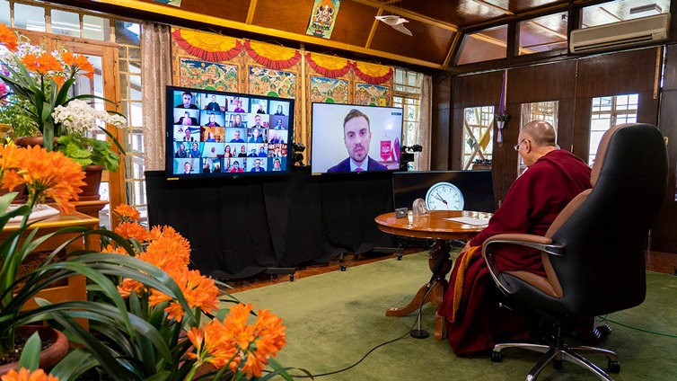 Uldis Budrikis, a Latvian MP and Chairman of the Group for the Support of Tibet in the Latvian Parliament thanking His Holiness the Dalai Lama at the conclusion of his online talk on Morals and Ethics - Today and Tomorrow from his residence in Dharamsala, HP, India on April 2, 2021. Photo by Ven Tenzin Jamphel. Uldis Budrikis, a Latvian MP and Chairman of the Group for the Support of Tibet in the Latvian Parliament thanking His Holiness the Dalai Lama at the conclusion of his online talk on Morals and Ethics - Today and Tomorrow from his residence in Dharamsala, HP, India on April 2, 2021. Photo by Ven Tenzin Jamphel.