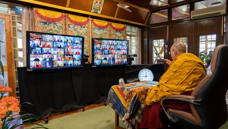 His Holiness the Dalai Lama speaking to the virtual audience from Italy during his teachings requested by the Italian Buddhist Union from his residence in Dharamsala, HP,India on April 7, 2021. Photo by Ven Tenzin Jamphel His Holiness the Dalai Lama speaking to the virtual audience from Italy during his teachings requested by the Italian Buddhist Union from his residence in Dharamsala, HP,India on April 7, 2021. Photo by Ven Tenzin Jamphel