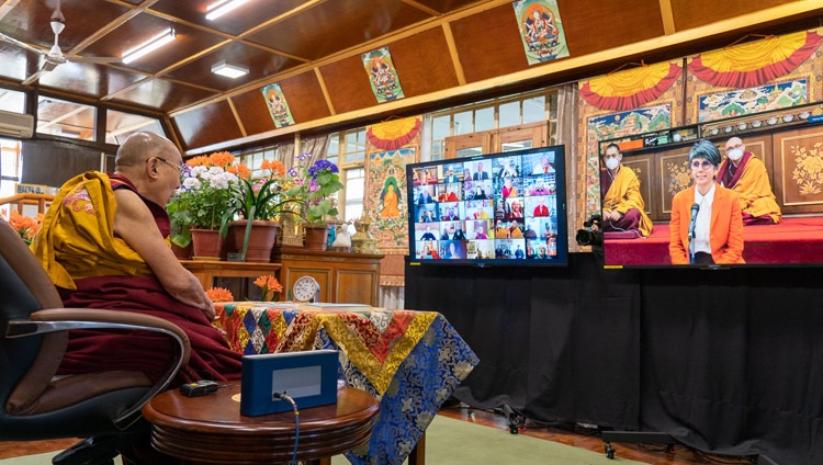 A member of the virtual audience from Italy asking His Holiness the Dalai Lama a question during his teachings requested by the Italian Buddhist Union online from his residence in Dharamsala, HP,India on April 7, 2021. Photo by Ven Tenzin Jamphel A member of the virtual audience from Italy asking His Holiness the Dalai Lama a question during his teachings requested by the Italian Buddhist Union online from his residence in Dharamsala, HP,India on April 7, 2021. Photo by Ven Tenzin Jamphel
