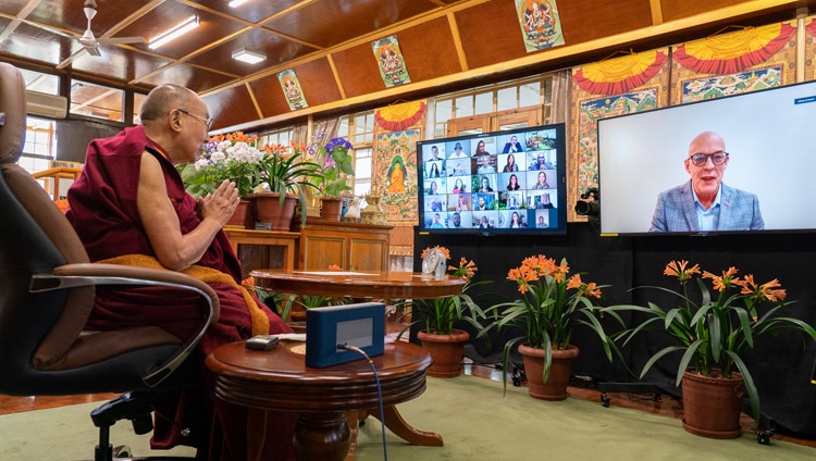 Ian Speirs of the One Better World Collective introducing the question and answer session with groups from among the guests of the French ‘Be the Love’ programme and the Canadian ‘One Better World Collective’ online from His Holiness the Dalai Lama's residence in Dharamsala, HP, India on April 12, 2021. Photo by Ven Tenzin Jamphel