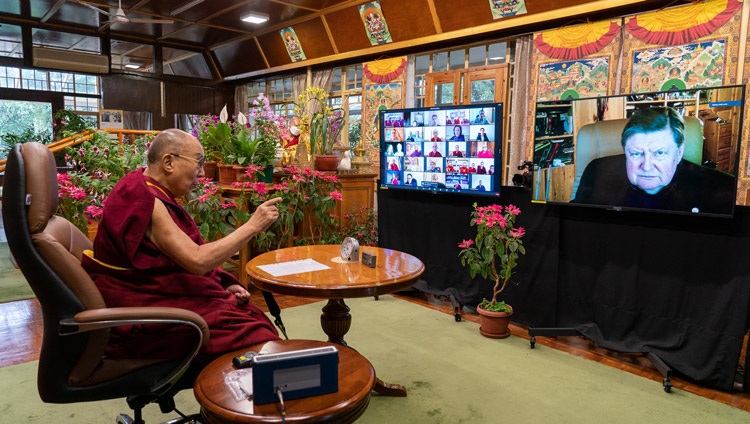His Holiness the Dalai Lama responding to a question from Prof Svyatoslav Medvedev of the Russian Academy of Sciences and founder of the Institute of the Human Brain online from his residence in Dharamsala, HP, India on May 5, 2021. Photo by Ven Tenzin Jamphel His Holiness the Dalai Lama responding to a question from Prof Svyatoslav Medvedev of the Russian Academy of Sciences and founder of the Institute of the Human Brain online from his residence in Dharamsala, HP, India on May 5, 2021. Photo by Ven Tenzin Jamphel