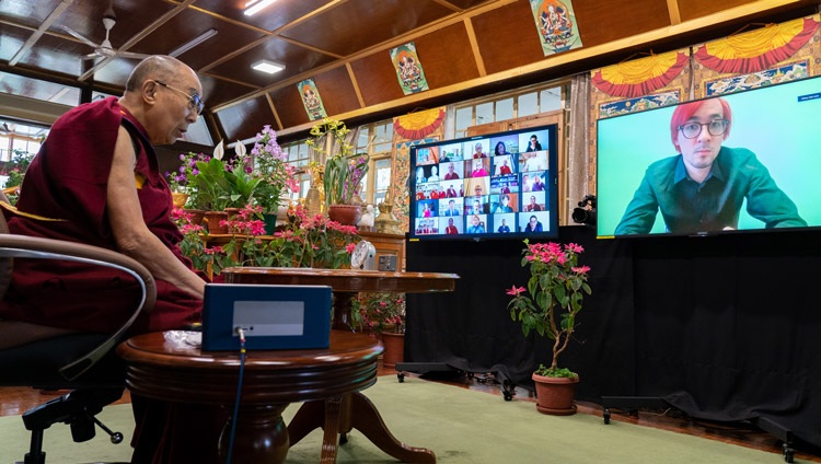 Lev Yakovlev, a student at Moscow University, asking His Holiness the Dalai Lama a question during their dialogue on May 5, 2021. Photo by Ven Tenzin Jamphel Lev Yakovlev, a student at Moscow University, asking His Holiness the Dalai Lama a question during their dialogue on May 5, 2021. Photo by Ven Tenzin Jamphel