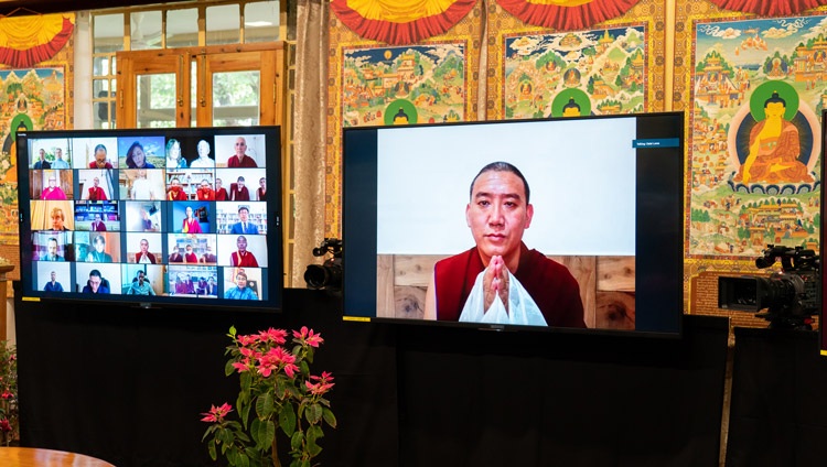 Lobsang Phuntsok, a monk-researcher from Sera Jé Monastery in India listening as His Holiness the Dalai Lama answers his question during their online dialogue on May 5, 2021. Photo by Ven Tenzin Jamphel Lobsang Phuntsok, a monk-researcher from Sera Jé Monastery in India listening as His Holiness the Dalai Lama answers his question during their online dialogue on May 5, 2021. Photo by Ven Tenzin Jamphel