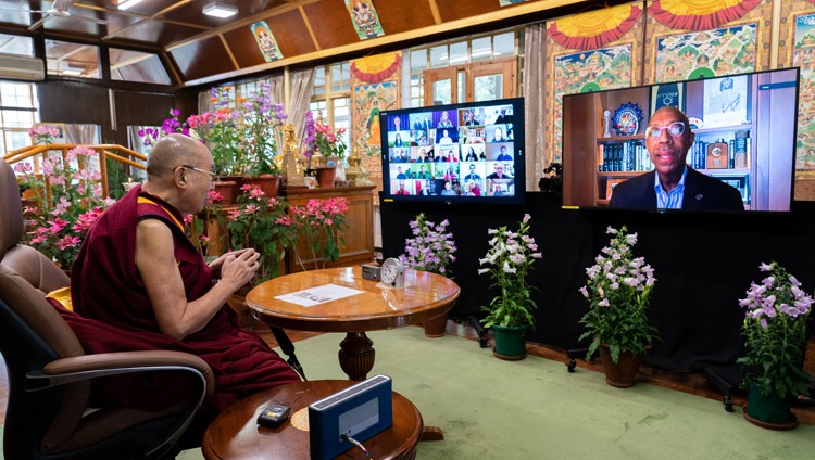 Micheal Drake, President of the University of California thanking His Holiness the Dalai Lama at the conclusion of the online conversation with Pico Iyer from his residence in Dharamsala, HP, India on May 19, 2021. Photo by Ven Tenzin Jamphel Micheal Drake, President of the University of California thanking His Holiness the Dalai Lama at the conclusion of the online conversation with Pico Iyer from his residence in Dharamsala, HP, India on May 19, 2021. Photo by Ven Tenzin Jamphel