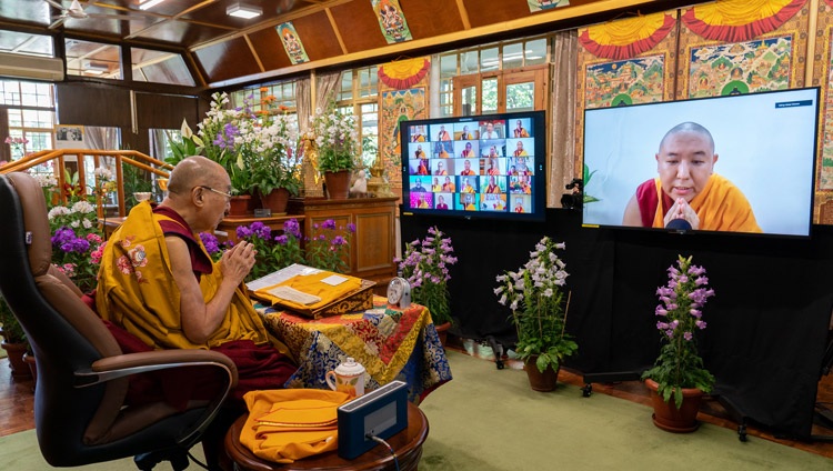 Shakor Khentul Rinpoché offering thanks at the conclusion of His Holiness the Dalai Lama's online teaching on the occasion of the full moon day of Saka Dawa on May 26, 2021. Photo by Ven Tenzin Jamphel Shakor Khentul Rinpoché offering thanks at the conclusion of His Holiness the Dalai Lama's online teaching on the occasion of the full moon day of Saka Dawa on May 26, 2021. Photo by Ven Tenzin Jamphel