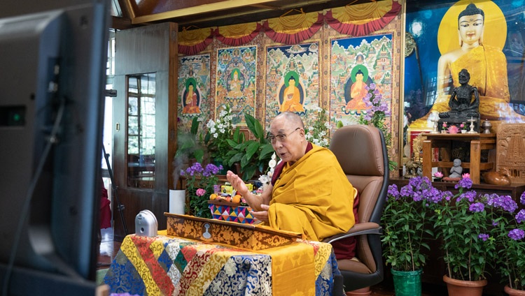 His Holiness the Dalai Lama speaking on the second day of his online teachings for young Tibetans at his residence in Dharamsala, HP, India on June 2, 2021. Photo by Ven Tenzin Jamphel His Holiness the Dalai Lama speaking on the second day of his online teachings for young Tibetans at his residence in Dharamsala, HP, India on June 2, 2021. Photo by Ven Tenzin Jamphel