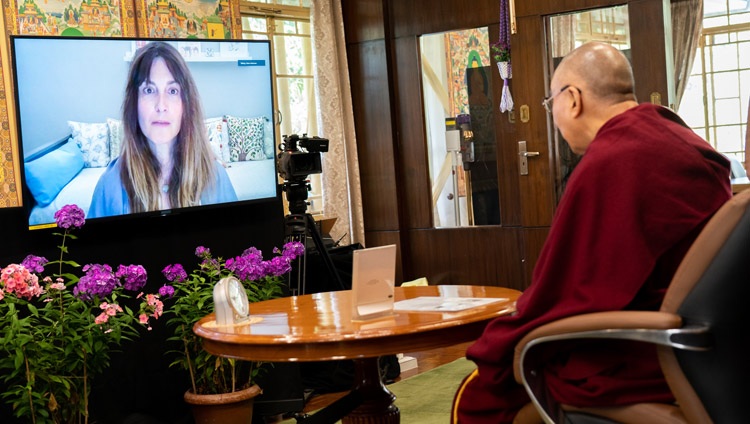 Elena Antonova, Senior Lecturer in Psychology, Brunel University, London, asking His Holiness the Dalai Lama a question during the ‘Dialogue for a Better World - Remembering Francisco Varela’ online from his residence in Dharamsala, HP, India on June 9, 2021. Photo by Ven Tenzin Jamphel Elena Antonova, Senior Lecturer in Psychology, Brunel University, London, asking His Holiness the Dalai Lama a question during the ‘Dialogue for a Better World - Remembering Francisco Varela’ online from his residence in Dharamsala, HP, India on June 9, 2021. Photo by Ven Tenzin Jamphel