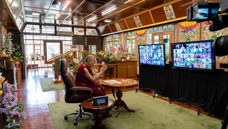 His Holiness the Dalai Lama answering questions from the virtual audience during his talk on Compassion in Healthcare online from his residence in Dharamsala, HP, India on July 7, 2021. Photo by Ven Tenzin Jamphel His Holiness the Dalai Lama answering questions from the virtual audience during his talk on Compassion in Healthcare online from his residence in Dharamsala, HP, India on July 7, 2021. Photo by Ven Tenzin Jamphel