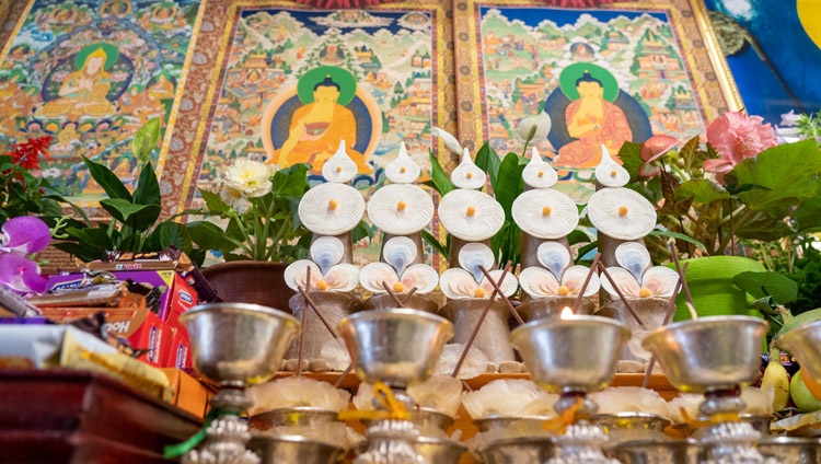 A view of the offerings displayed behind His Holiness the Dalai Lama during his online teaching from his residence in Dharamsala, HP, India on July 13, 2021. Photo by Ven Tenzin Jamphel A view of the offerings displayed behind His Holiness the Dalai Lama during his online teaching from his residence in Dharamsala, HP, India on July 13, 2021. Photo by Ven Tenzin Jamphel