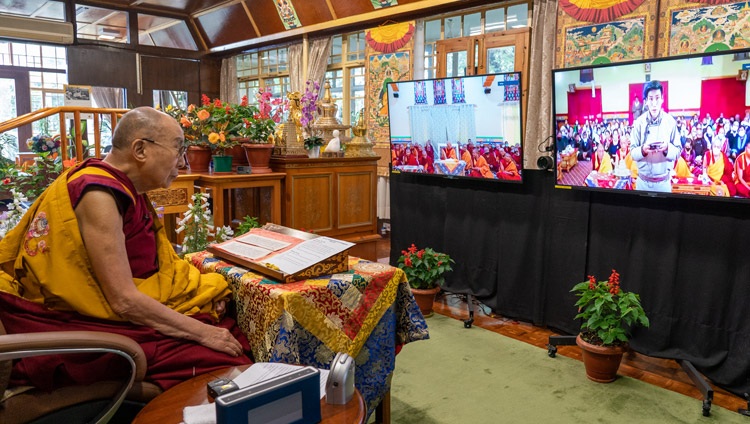 A member of the audience at the Jokhang Temple in Leh, Ladakh, India, asking His Holiness the Dalai Lama a question on the first day of online teachings from his residence in Dharamsala, HP, India on July 13, 2021. Photo by Ven Tenzin Jamphel A member of the audience at the Jokhang Temple in Leh, Ladakh, India, asking His Holiness the Dalai Lama a question on the first day of online teachings from his residence in Dharamsala, HP, India on July 13, 2021. Photo by Ven Tenzin Jamphel