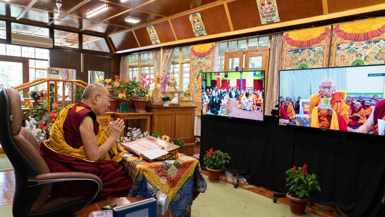 Thiksé Rinpoché making a mandala offering at Thiksé Monastery in Ladakh at the start of the second day of His Holiness the Dalai Lama's teachings online from his residence in Dharamsala, HP, India on July 14, 2021. Photo by Ven Tenzin Jamphel Thiksé Rinpoché making a mandala offering at Thiksé Monastery in Ladakh at the start of the second day of His Holiness the Dalai Lama's teachings online from his residence in Dharamsala, HP, India on July 14, 2021. Photo by Ven Tenzin Jamphel