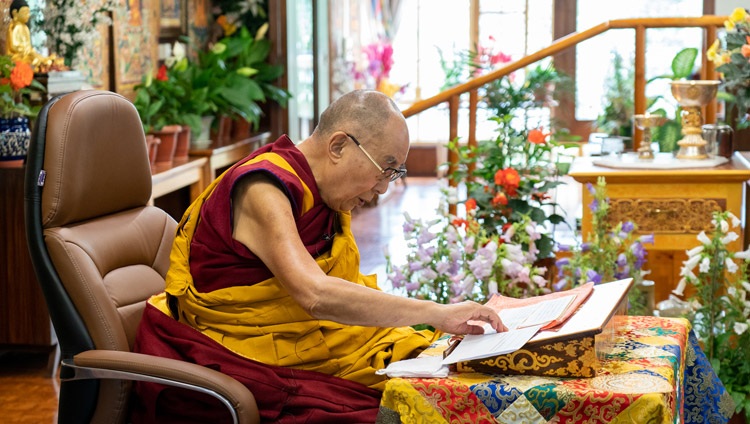 His Holiness the Dalai Lama explaining Atisha's 'Lamp for the Path to Enlightenment' on the second day of his online teachings from his residence in Dharamsala, HP, India on July 14, 2021. Photo by Ven Tenzin Jamphel His Holiness the Dalai Lama explaining Atisha's 'Lamp for the Path to Enlightenment' on the second day of his online teachings from his residence in Dharamsala, HP, India on July 14, 2021. Photo by Ven Tenzin Jamphel