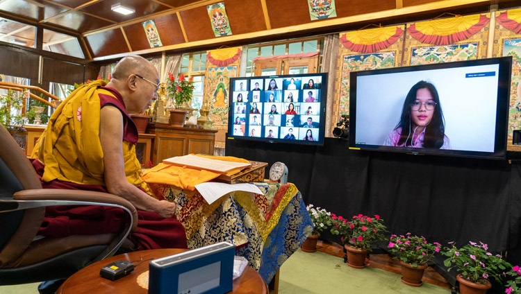A member os the virtual audience asking His Holiness the Dalai Lama a question during his online conversation with Indonesian students from his residence in Dharamsala, HP, India on August 11, 2021. Photo by Ven Tenzin Jamphel A member os the virtual audience asking His Holiness the Dalai Lama a question during his online conversation with Indonesian students from his residence in Dharamsala, HP, India on August 11, 2021. Photo by Ven Tenzin Jamphel