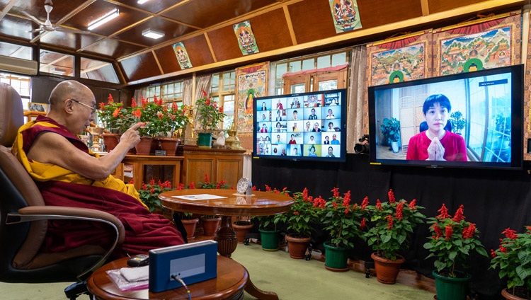 His Holiness the Dalai Lama answering a question from a member of the virtual audience during his online teaching at his residence in Dharamsala, HP, India on August 18, 2021. Photo by Ven Tenzin Jamphel His Holiness the Dalai Lama answering a question from a member of the virtual audience during his online teaching at his residence in Dharamsala, HP, India on August 18, 2021. Photo by Ven Tenzin Jamphel