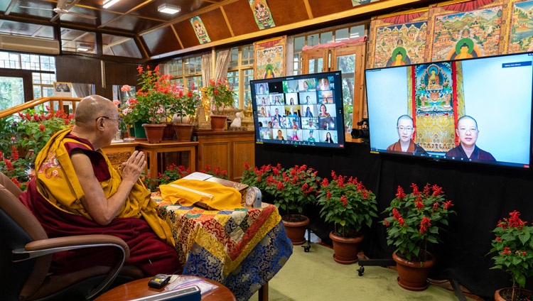 Nuns at Pao Kwan Foh Tang, Singapore, chanting the ‘Heart Sutra’ in Chinese at the start of the second day of His Holiness the Dalai Lama's teachings online from his residence in Dharamsala, HP, India on September 9, 2021. Photo by Ven Tenzin Jamphel Nuns at Pao Kwan Foh Tang, Singapore, chanting the ‘Heart Sutra’ in Chinese at the start of the second day of His Holiness the Dalai Lama's teachings online from his residence in Dharamsala, HP, India on September 9, 2021. Photo by Ven Tenzin Jamphel