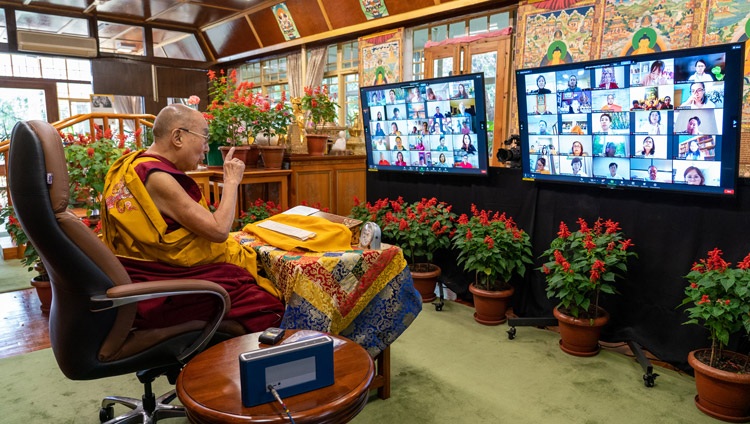 His Holiness the Dalai Lama addressing the virtual audience of Asian Buddhists on the second day of teachings online from his residence in Dharamsala, HP, India on September 9, 2021. Photo by Ven Tenzin Jamphel His Holiness the Dalai Lama addressing the virtual audience of Asian Buddhists on the second day of teachings online from his residence in Dharamsala, HP, India on September 9, 2021. Photo by Ven Tenzin Jamphel