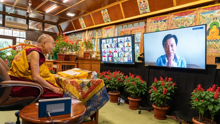 His Holiness the Dalai Lama answering a question from a member of the virtual audience on the second day of his teachings on Chandrakirti's 'Entering into the Middle Way' online from his residence in Dharamsala, HP, India on September 9, 2021. Photo by Ven Tenzin Jamphel His Holiness the Dalai Lama answering a question from a member of the virtual audience on the second day of his teachings on Chandrakirti's 'Entering into the Middle Way' online from his residence in Dharamsala, HP, India on September 9, 2021. Photo by Ven Tenzin Jamphel