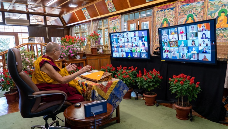 His Holiness the Dalai Lama addressing the virtual audience on the second day of his two day online teaching from his residence in Dharamsala, HP, India on October 10, 2021. Photo by Ven Tenzin Jamphel His Holiness the Dalai Lama addressing the virtual audience on the second day of his two day online teaching from his residence in Dharamsala, HP, India on October 10, 2021. Photo by Ven Tenzin Jamphel