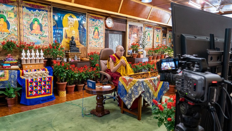 His Holiness the Dalai Lama speaking on the second day of his teachings on ‘In Praise of Dependent Arising’ online from his residence in Dharamsala, HP, India on October 10, 2021. Photo by Ven Tenzin Jamphel His Holiness the Dalai Lama speaking on the second day of his teachings on ‘In Praise of Dependent Arising’ online from his residence in Dharamsala, HP, India on October 10, 2021. Photo by Ven Tenzin Jamphel