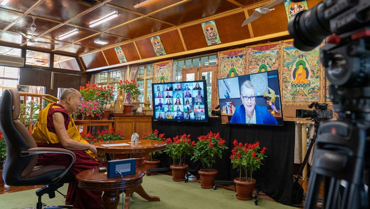 Lise Grande, President, US Institute of Peace, introducing the first day of the two day conversation with His Holiness the Dalai Lama and young peace-builders about compassion, education and equality online from his residence in Dharamsala, HP, India on October 14, 2021. Photo by Ven Tenzin Jamphel Lise Grande, President, US Institute of Peace, introducing the first day of the two day conversation with His Holiness the Dalai Lama and young peace-builders about compassion, education and equality online from his residence in Dharamsala, HP, India on October 14, 2021. Photo by Ven Tenzin Jamphel