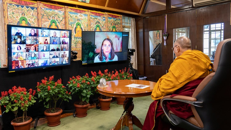 Sona Dimidjian, Institute Director, Renée Crown Wellness Institute and Professor, Department of Psychology and Neuroscience University of Colorado Boulder speaking at the start of the program with His Holiness the Dalai Lama online from his residence in Dharamsala, HP, India on October 26, 2021. Photo by Ven Tenzin Jamphel Sona Dimidjian, Institute Director, Renée Crown Wellness Institute and Professor, Department of Psychology and Neuroscience University of Colorado Boulder speaking at the start of the program with His Holiness the Dalai Lama online from his residence in Dharamsala, HP, India on October 26, 2021. Photo by Ven Tenzin Jamphel