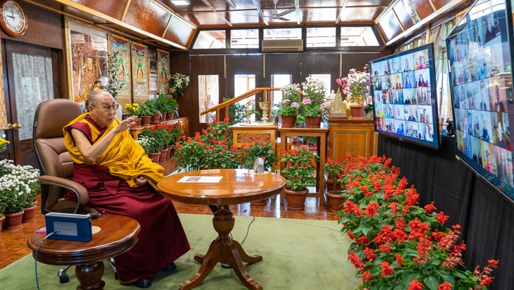 His Holiness the Dalai Lama addressing the virtual audience during his conversation on Compassion and Dignity online from his residence in Dharamsala, HP, India on October 26, 2021. Photo by Ven Tenzin Jamphel His Holiness the Dalai Lama addressing the virtual audience during his conversation on Compassion and Dignity online from his residence in Dharamsala, HP, India on October 26, 2021. Photo by Ven Tenzin Jamphel