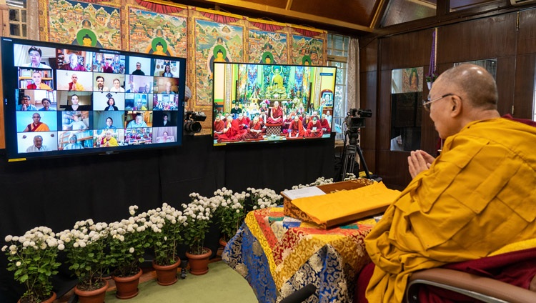 His Holiness the Dalai Lama listening members of the Kuntsechonei Datsan in St. Petersburg recite the Heart Sutra in Russian at the start of the second day of his online teachings from his residence in Dharamsala, HP, India on November 5, 2021. Photo by Ven Tenzin Jamphel His Holiness the Dalai Lama listening members of the Kuntsechonei Datsan in St. Petersburg recite the Heart Sutra in Russian at the start of the second day of his online teachings from his residence in Dharamsala, HP, India on November 5, 2021. Photo by Ven Tenzin Jamphel