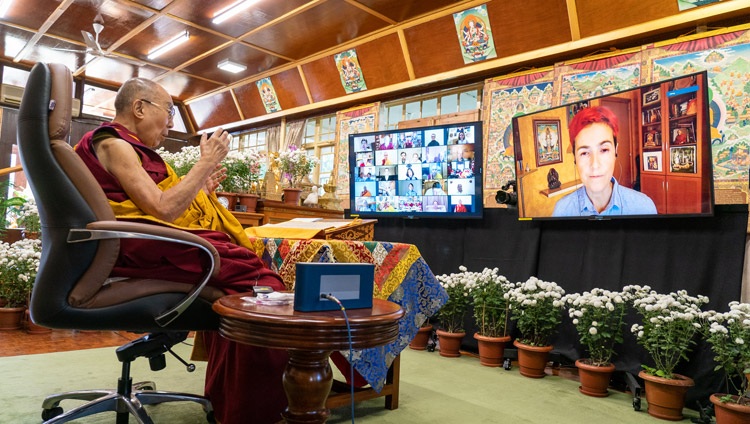 His Holiness answering questions from the virtual audience on the second day of his two day teaching requested by Russian Buddhists online from his residence in Dharamsala, HP, India on November 5, 2021. Photo by Ven Tenzin Jamphel His Holiness answering questions from the virtual audience on the second day of his two day teaching requested by Russian Buddhists online from his residence in Dharamsala, HP, India on November 5, 2021. Photo by Ven Tenzin Jamphel