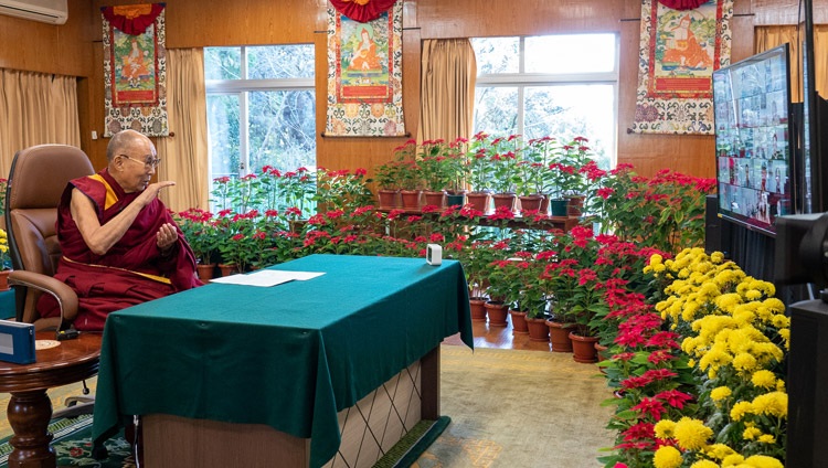 His Holiness the Dalai Lama answering questions from the virtual audience during conversation on Educating the Heart online from his residence in Dharamsala, HP, India on November 24, 2021. Photo by Ven Tenzin Jamphel His Holiness the Dalai Lama answering questions from the virtual audience during conversation on Educating the Heart online from his residence in Dharamsala, HP, India on November 24, 2021. Photo by Ven Tenzin Jamphel