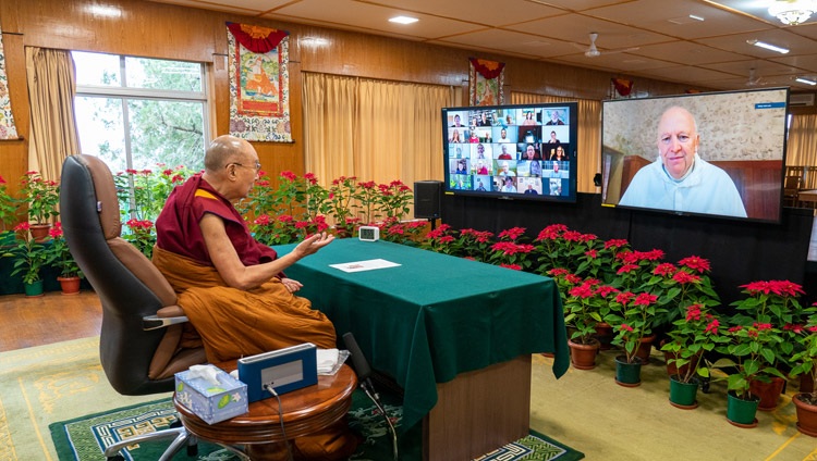 His Holiness the Dalai Lama and his old friend Father Laurence Freeman OSB, Director of The World Community for Christian Meditation exchanging greetings at the start of their online conversation on December 1, 2021. Photo by Ven Tenzin Jamphel His Holiness the Dalai Lama and his old friend Father Laurence Freeman OSB, Director of The World Community for Christian Meditation exchanging greetings at the start of their online conversation on December 1, 2021. Photo by Ven Tenzin Jamphel