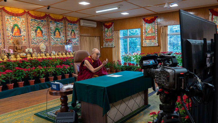 His Holiness the Dalai Lama taking part in a dialogue on ‘Embracing Hope, Courage, and Compassion in Times of Crisis’ organized by the Mind and Life Institute online from his residence in Dharamsala, HP, India on December 8, 2021. Photo by Ven Tenzin Jamphel