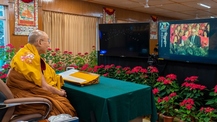 His Holiness the Dalai Lama watching a video of the ceremony where he was awarded the Nobel Peace Prize in 1989 at the start of the program organized by members of the Gaden Shartse Centre, Taiwan on December 11, 2021. Photo by Ven Tenzin Jamphel His Holiness the Dalai Lama watching a video of the ceremony where he was awarded the Nobel Peace Prize in 1989 at the start of the program organized by members of the Gaden Shartse Centre, Taiwan on December 11, 2021. Photo by Ven Tenzin Jamphel