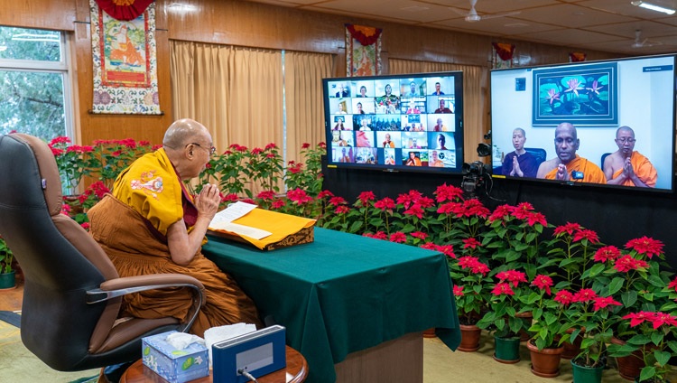 Members of the Theravada Buddhist Council in Malaysia chanting in Pali at the start of the second day of His Holiness the Dalia Lama's teaching online from his residence in Dahramsala, HP, India on December 18, 2021. Photo by Ven Tenzin Jamphel Members of the Theravada Buddhist Council in Malaysia chanting in Pali at the start of the second day of His Holiness the Dalia Lama's teaching online from his residence in Dahramsala, HP, India on December 18, 2021. Photo by Ven Tenzin Jamphel