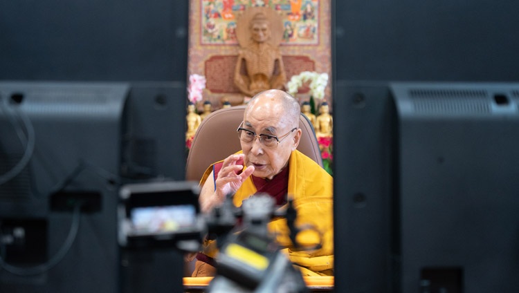 His Holiness the Dalai Lama addressing the virutal audience on the second day of his teaching requested by Buddhist groups in South and South-east Asia online from his residence in Dharamsala, HP, India on December 18, 2021. Photo by Ven Tenzin Jamphel His Holiness the Dalai Lama addressing the virutal audience on the second day of his teaching requested by Buddhist groups in South and South-east Asia online from his residence in Dharamsala, HP, India on December 18, 2021. Photo by Ven Tenzin Jamphel