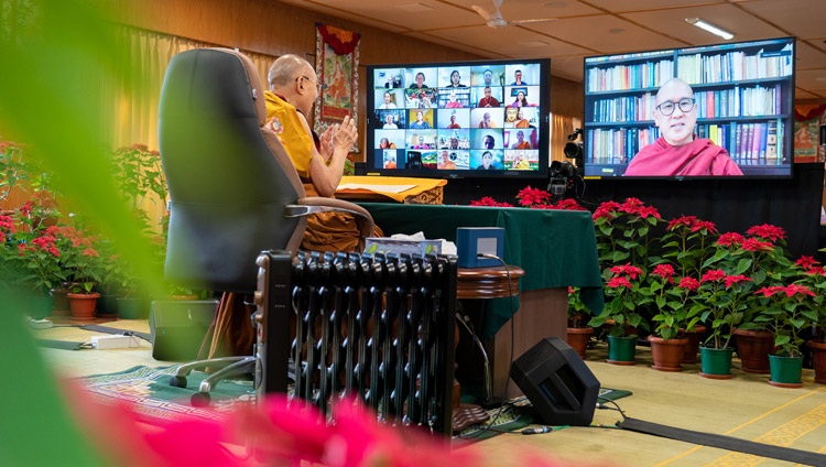 Ven Dr Dhammapala Maha Thera beginning the question and answer session on the second day of His Holiness the Dalai Lama's teachings online from his residence in Dharamsala, HP, India on December 18, 2021. Photo by Ven Tenzin Jamphel Ven Dr Dhammapala Maha Thera beginning the question and answer session on the second day of His Holiness the Dalai Lama's teachings online from his residence in Dharamsala, HP, India on December 18, 2021. Photo by Ven Tenzin Jamphel